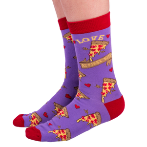 Socks designed in Canada. Reinforced Stitchng, Vibrant Colors. 70% Cotton. It's time for a revolution of fun socks for our Canadian Sock Lovers! Pizza My Heart with hearts and pizza pattern with purple socks. 