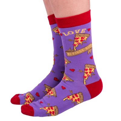 Socks designed in Canada. Reinforced Stitchng, Vibrant Colors. 70% Cotton. It's time for a revolution of fun socks for our Canadian Sock Lovers! Pizza My Heart with hearts and pizza pattern with purple socks. 