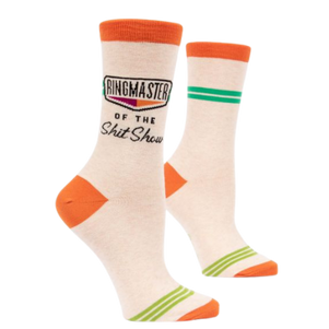 Every day you deal with clowns, tame lions, and jump through hoops. Give your feet the attention they deserve with our selection of playful socks with a little bit of an attitude.  The Sock Bar RINGMASTER OF THE OF ShitShow socks THE Incredible socks, amazing socks, funny socks! www.sockbar.ca. 61% combed cotton / 36% nylon / 3% spandex. Men's crew sock. Womens crew socks