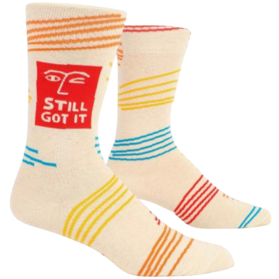 STILL GOT IT M-CREW SOCKS. Here I am, still having it. Never lost it, not once, and not ever gonna. Men's shoe size 7-12. 50% nylon; 47% combed cotton; 3% spandex.