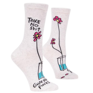 Take No Shit Give No Fucks Womens Crew Socks The Sock Bar Canada.  There's something kind of wrong about putting a fierce phrase like this next to a couple of friendly flowers. But there's also something kind of right about it, too. Women's shoe size 5-10. 57% combed cotton; 41% nylon; 2% spandex.