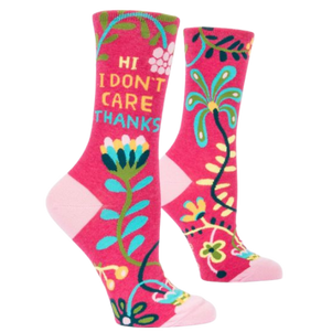 Hi, I don't care socks. Women's Blue Q brand. Flowers with pink back ground.
