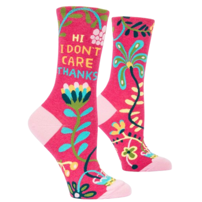 Hi, I don't care socks. Women's Blue Q brand. Flowers with pink back ground.