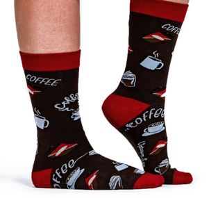 The Uptown Sox offers fun and colorful novelty socks that will bring excitement to your wardrobe and your life.  Coffee cups and mugs pattern with brown background color and red on the top, heals and toes.