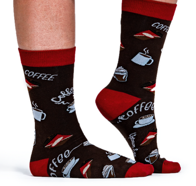 The Uptown Sox offers fun and colorful novelty socks that will bring excitement to your wardrobe and your life.  Coffee cups and mugs pattern with brown background color and red on the top, heals and toes.