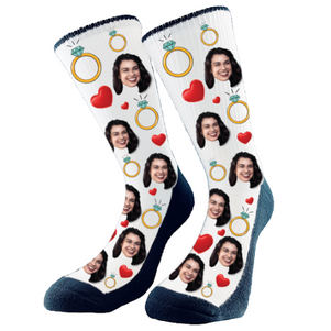 Our CUSTOM FACE SOCKS are a lovely and funny accessory. To have socks with pictures is cool and trendy! Add the bride`s face to these fun wedding socks.  Perfect for the bride and her wedding party. 